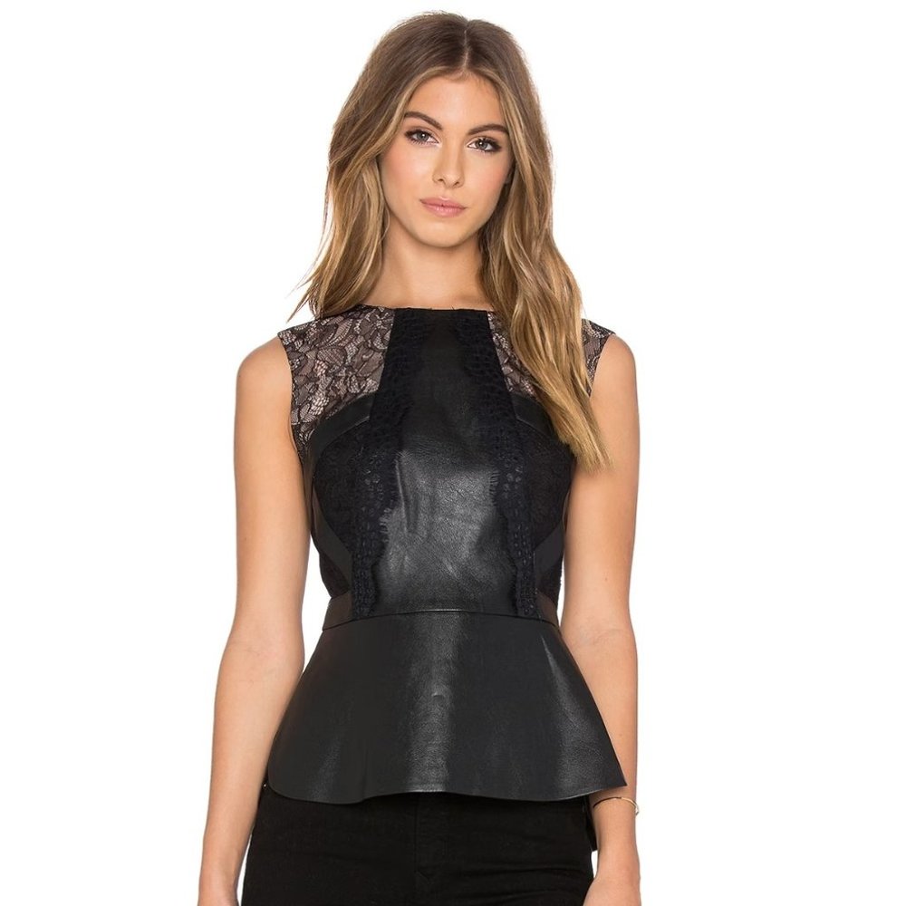 BCBGMAXAZRIA Laine Faux Leather and Lace Corset Top - XS